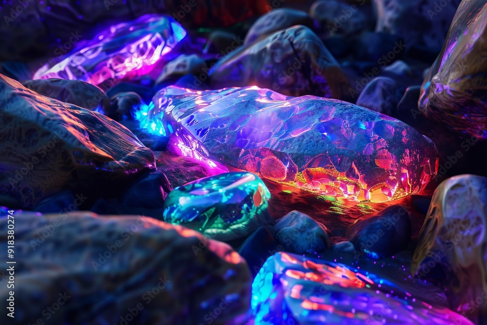 Poster vibrant neon lights on textured rocks create a magical and colorful abstract background