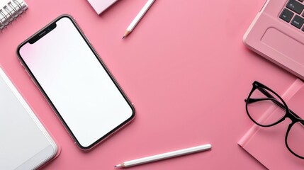 Stylish workspace setup with smartphone, laptop, glasses, notebook, and pen on a pink background. Creative and vibrant office desk layout. Perfect for design inspirations or tech content. AI