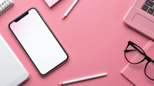Stylish workspace setup with smartphone, laptop, glasses, notebook, and pen on a pink background. Creative and vibrant office desk layout. Perfect for design inspirations or tech content. AI