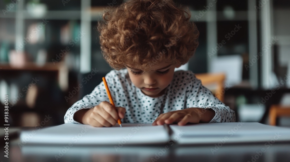 Wall mural A young child with curly hair writes diligently in a notebook at a table indoors, symbolizing education, focus, and creativity in a nurturing and homey environment.