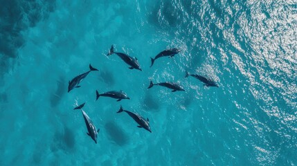 Fototapeta premium Graceful dolphins swimming in formation through transparent blue ocean waters, viewed from above in a breathtaking aerial shot.