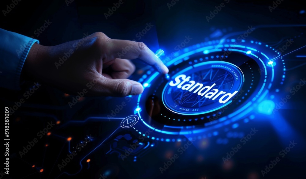 Poster virtual screen showing standard standardization certification and quality control assurance with a h