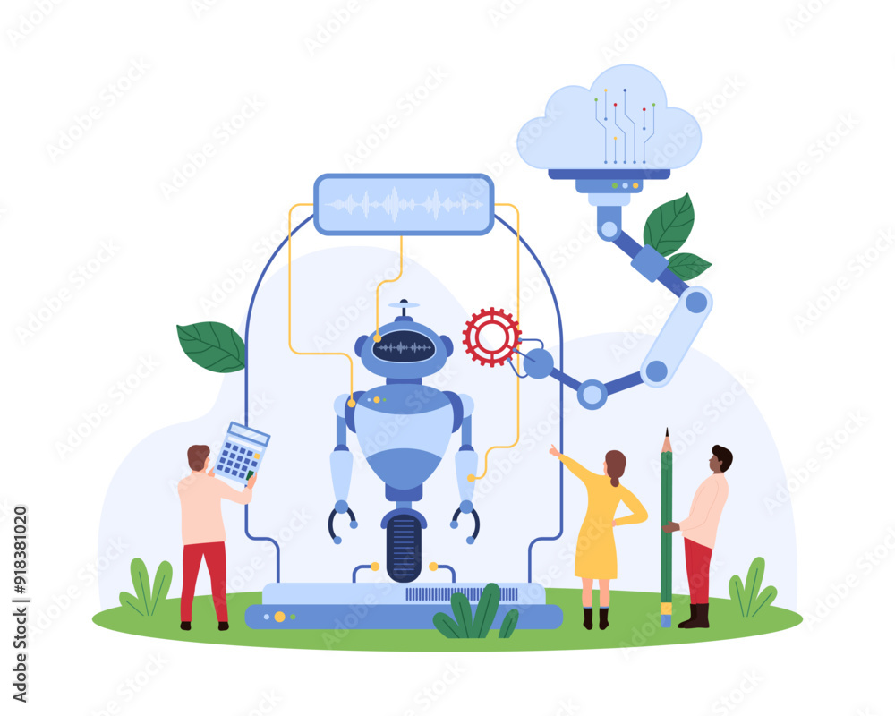 Poster creation of chat bot, virtual assistant with ai. tiny people and robotic arm with cloud connection b