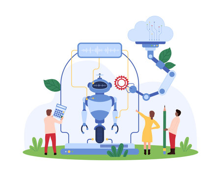 Creation of chat bot, virtual assistant with AI. Tiny people and robotic arm with cloud connection building robot, research smart brain of cyborg with tech services cartoon vector illustration