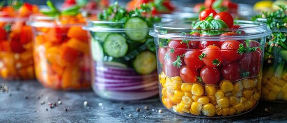 Healthy meal prep containers, clear white background, soft natural lighting, copy space