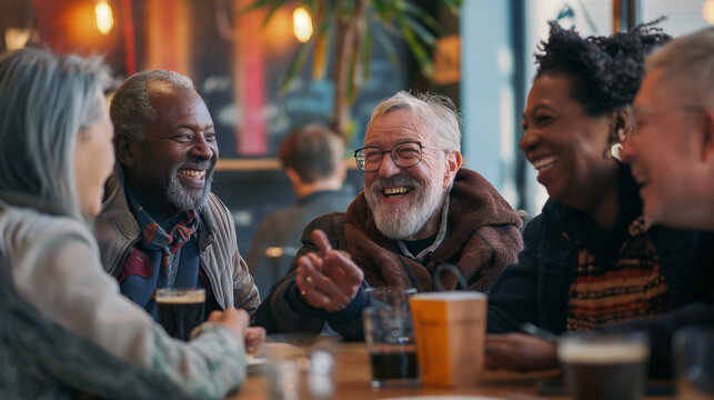 Joyful group of diverse seniors laughing at a cozy cafe