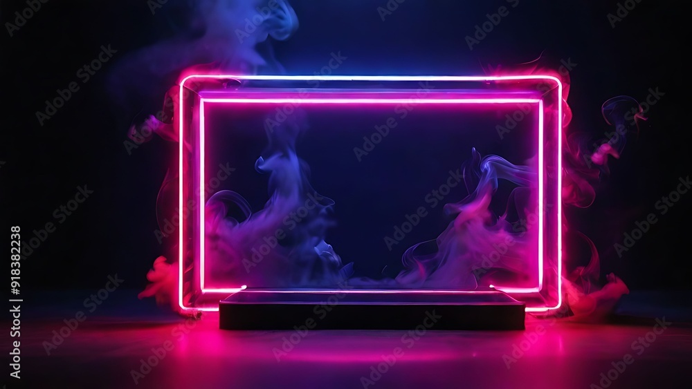 Poster rectangular neon frame with smoke on dark background