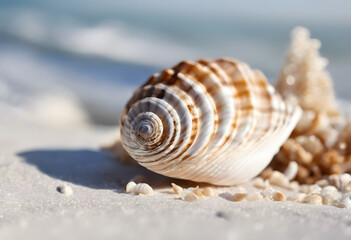 A close-up of various seashells, featuring a large scallop shell with intricate ridges and a smooth interior, surrounded by smaller shells and pebbles, all set against a soft, blurred background.