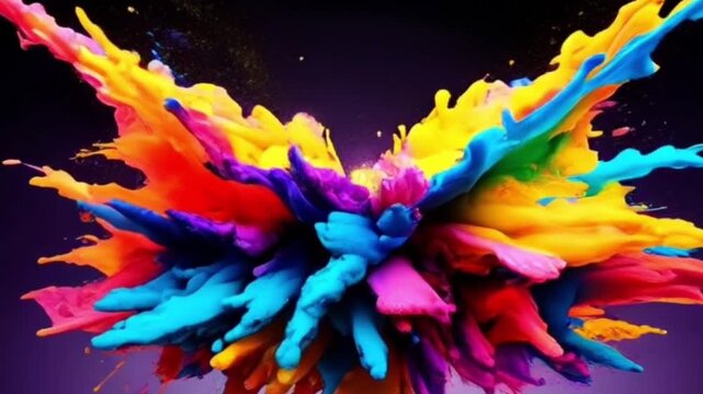 Explosion of vibrant multicolored paint splashes in dynamic motion on a dark background. Abstract art and color concept, Seamless looping 4k time-lapse virtual background