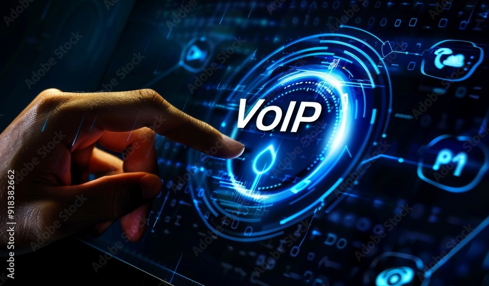 Poster representation of voip technology with a button press on a digital interface.