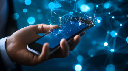 Businessman using 5G network with mobile phone 3D rendering