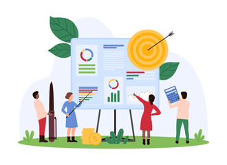 Business growth plan, effective financial strategy of company analysis on team meeting. Tiny people with pen and calculator work with infographic data reports on board cartoon vector illustration