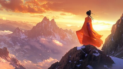 Cartoon illustration of a beautiful woman from a Chinese novel glowing with enchantment standing on a mountain peak