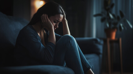 Fototapeta premium Depressed woman sitting against on the sofa at home with dark room feeling miserable