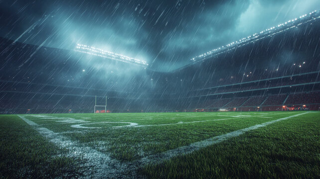 rainning and thunder on football staduim, botom view