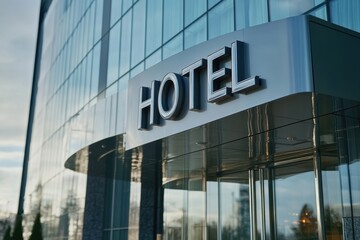Modern Hotel Entrance with Glass Facade and Reflective Signage