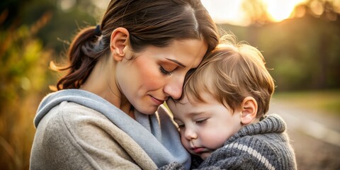 Obraz premium A tender moment of maternal love, a comforting embrace wraps around a tearful little boy's tiny frame, soothing his sorrow and calming his fears.