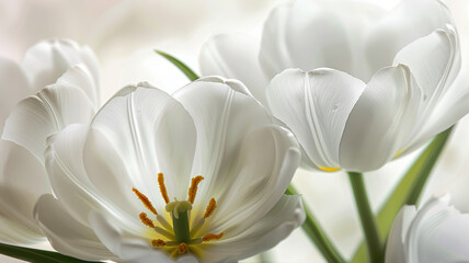 Fototapeta premium White tulips with yellow centers and green leaves sit at the bottom of the frame, highlighted by soft, natural light against a clean, white background.
