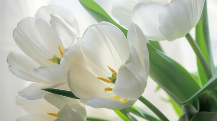 Fototapeta premium White tulips with yellow centers and green leaves sit at the bottom of the frame, highlighted by soft, natural light against a clean, white background.