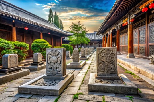 Ancient stone tablets adorned with intricate carvings and calligraphy line the serene courtyard of a historic temple, evoking a sense of timeless cultural heritage.