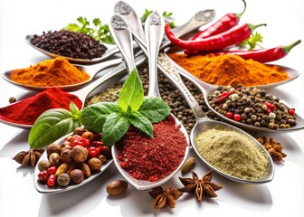Assortment of exotic oriental spices on white background, including red peppers, curry powder, cinnamon, mint, sumac, sesame seeds, and black cumin in decorative spoons.