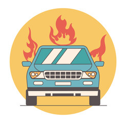Car burn in damage transport accident. Vector flat cartoon graphic design illustration