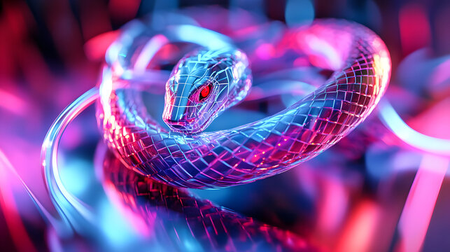 Coiled serpent with graphic lines emerging from neon vortex.