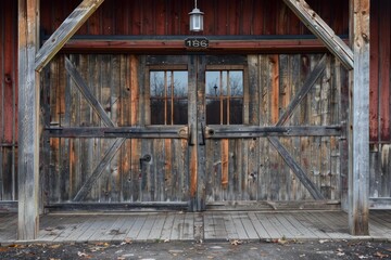 Aged wooden barn doors with weathered texture and antique charm set against a red barn