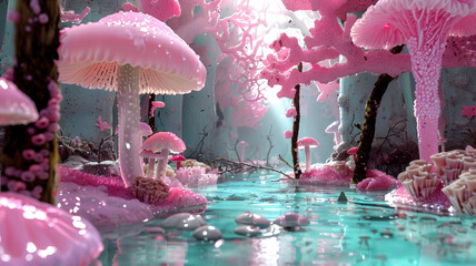 A fantastical, organic world featuring surreal plants and nature's imaginative creations, blending dreamlike elements with natural forms.