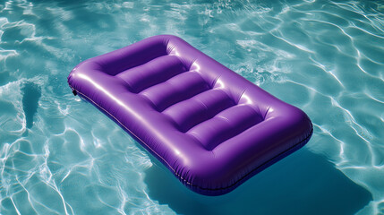 Purple inflatable pool mattress is floating on a clear blue water swimming pool during a sunny day