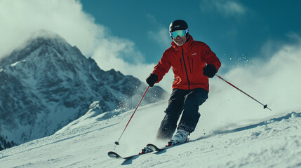 Skier is racing down a deserted ski slope covered in fresh powder, savoring the exhilarating speed and sense of liberation in the mountains