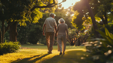 Fototapeta premium Elderly couple walking hand in hand through a serene park at sunset