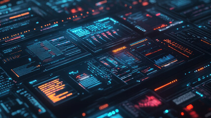 An image showcasing multiple layers of data processing and interface screens, arranged in a complex, detailed manner against a dark background.