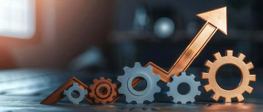 Arrow graph with gears and cogs, mechanical progress, industrial growth