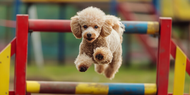 Energetic Poodle Dog Jumping Over Colorful Hurdle in Agility Training Park