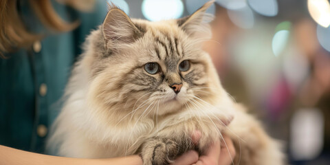Adorable Fluffy Cat with Blue Eyes Being Held at a Pet Show