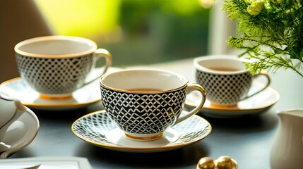 Fototapeta premium A table topped with cups and saucers next to a vase of flowers