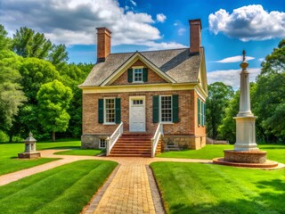 Historic foundation outline marks the birthplace of America's first president near a memorial house amidst serene natural surroundings at a national monument in Virginia.