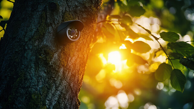 Miniature surveillance camera tucked high in a tree to guard private property, bokeh, sun glare glimpsing between branches.