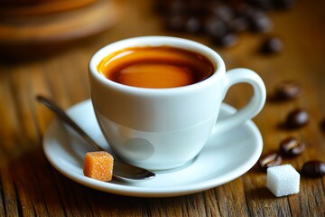 A cup of coffee on a saucer with a spoon and sugar cubes