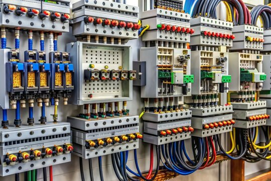 Magnetic contactors relay on panel board with wiring connections to terminals, showcasing intricate circuitry and electrical installation on a industrial control panel.