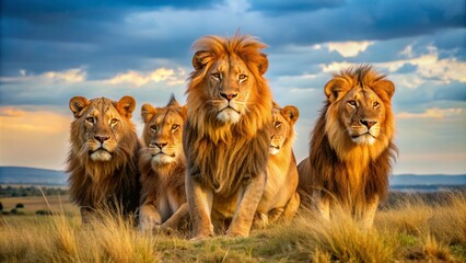 Majestic lions, scientifically known as Panthera leo, exhibit regal grandeur with their tawny coats and powerful physiques, reigning supreme in the savannah landscape.
