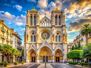 Majestic Roman Catholic basilica with ornate architecture and stunning stained-glass windows stands proudly on a bustling avenue in the heart of Nice, France.