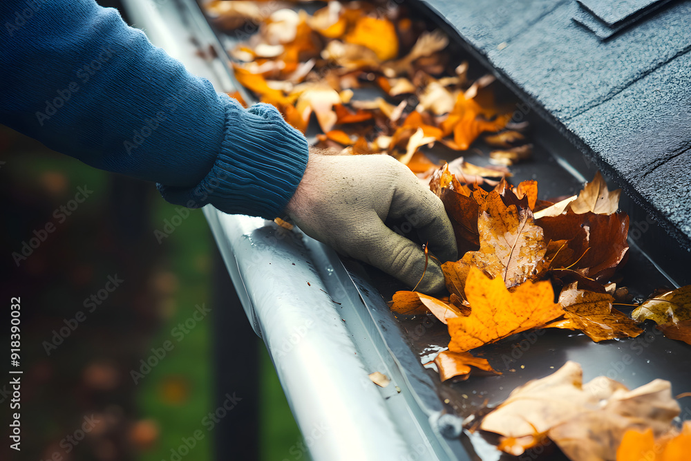 Sticker A man's hand cleaning leaves in a rain gutter on a roof, cleaning dirty gutters. High quality generative ai