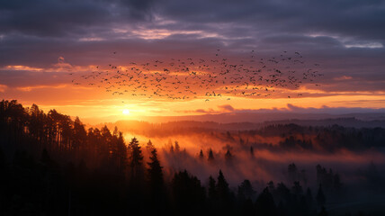 Obraz premium A majestic dawn in the wilderness with sunlight piercing the forests and birds flying across a stunning panoramic sky.