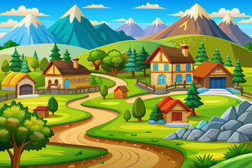 Of Landscape Village Cartoon Background Greenery vector