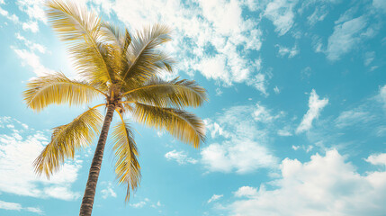 Palm tree on tropical beach with blue sky and white clouds abstract background