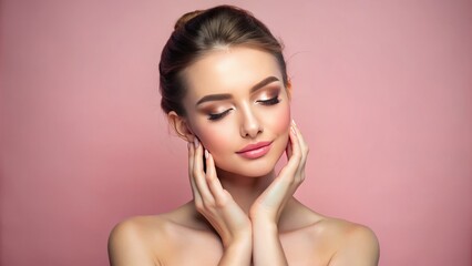 Naklejka premium Serene portrait of a vibrant young woman with flawless skin tenderly caressing her face, set against a calming soft pink backdrop, evoking feelings of wellness and beauty.