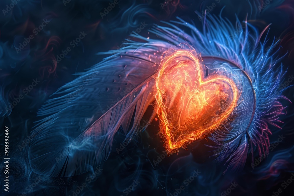 Poster artistic image of a luminous heart intertwined with soft feathers on a moody backdrop