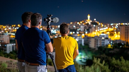 Rooftop astronomy club meeting, telescopes, night sky view